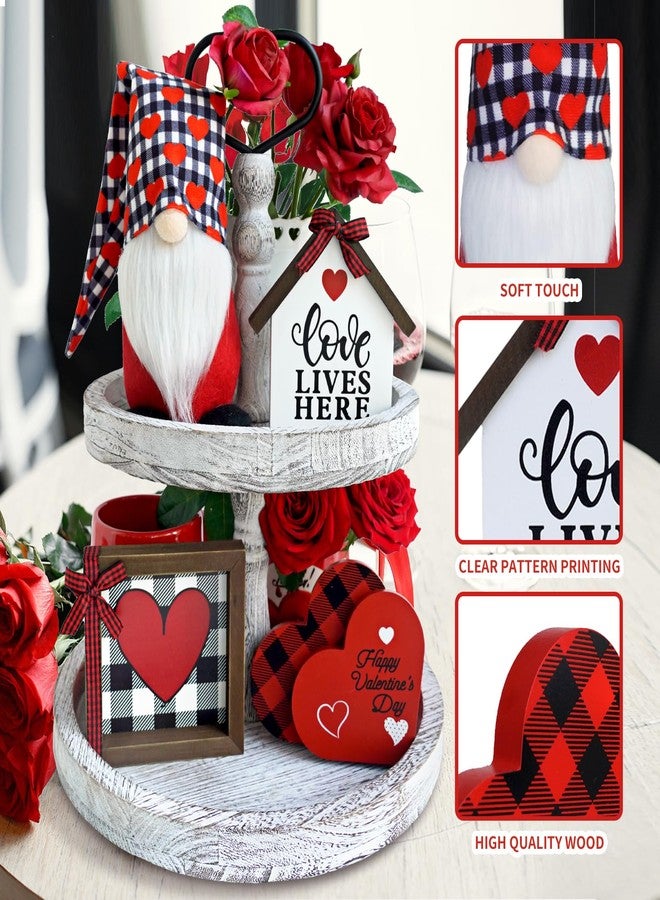CRCZK Valentine's Day Tiered Tray Decor 5 Pcs Set with 1 Black and White Buffalo Check Gnome Plush 4 Wooden Signs Farmhouse Kitchen Decor for Red Valentine's Day and New Year's Day Decoration - Image 5
